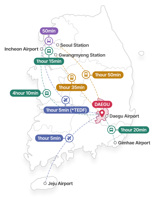 대구까지의 주요 이동 수단 및 소요 시간 안내 지도 이미지 (국문)